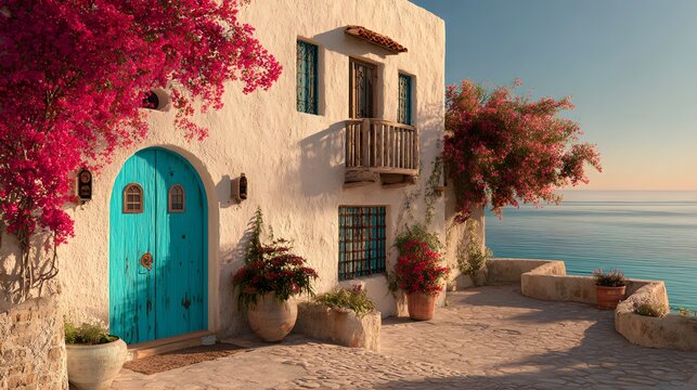 traditional whitewashed Mediterranean house featuring vibrant turquoise shutters and colorful flowers under a clear blue sky traditional houses in burano island venice italy - Powered by Adobe