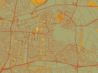 Stylized minimalist map of Petah Tiqwa, Israel in sage green ground with rust-red roads and ochre accents.