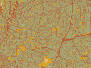Obraz premium Contemporary flat map of Ramat Gan, Israel design with muted sage base, rust-colored roads, and soft ochre highlights.