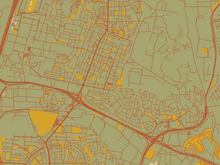 Obraz premium Graphic flat color map of Ramat HaSharon, Israel in muted sage base, rust-colored roads, and soft ochre highlights.