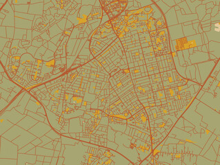 Obraz premium Vector-style flat map of Rehovot, Israel with olive backdrop with warm rust street network and ochre blocks.