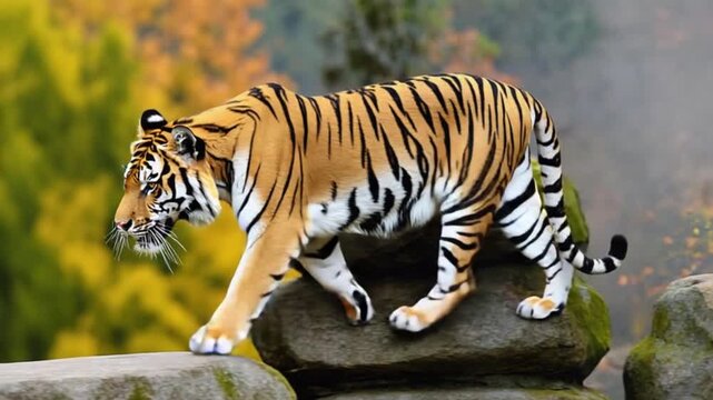 Tiger walking across rocks in a zoo habitat with trees and foliage in the background scenery view tiger video