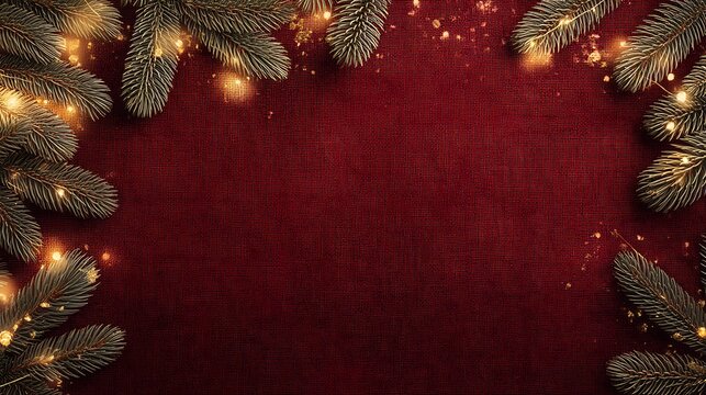 Cozy christmas eve background with glowing warm fairy lights on green fir tree branches framing a rich red textured fabric surface