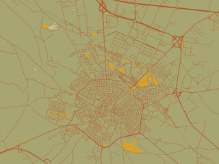 Stylized minimalist map of Andria, Italy in olive backdrop with warm rust street network and ochre blocks.
