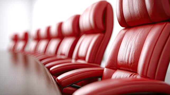 Red leather chairs lined up at a conference table indoors