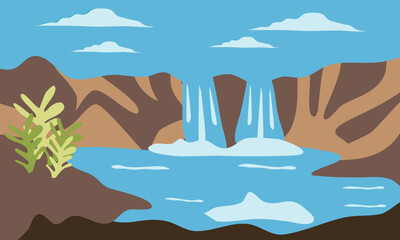 Peaceful Waterfall on High Cliff Landscape Illustration, Serene Nature Scene with Flowing River and Misty Mountains