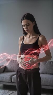Stomach ache, symptoms of gastritis or pancreatitis, woman with abdominal pain suffering at home, painful area highlighted in red, vertical video
