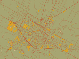 Vector-style flat map of Faenza, Italy with olive backdrop with warm rust street network and ochre blocks.
