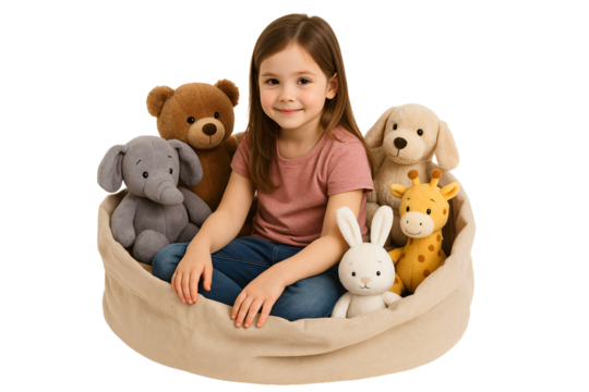 Little girl with stuffed animals. Childhood. Kindness. Smile.