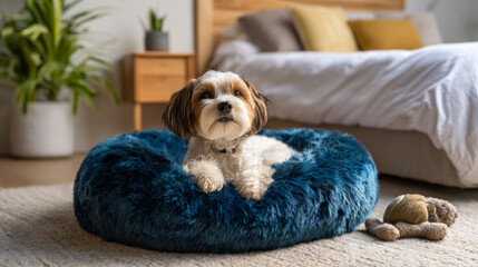 A small dog resting on a fluffy blue pet bed in a modern bedroom, showcasing a cozy and stylish atmosphere.