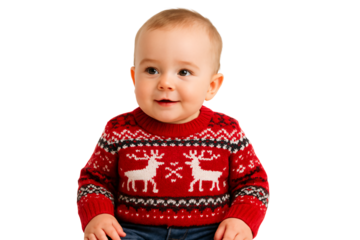 Baby in red Christmas sweater with reindeer. Winter. Smile. Warmth.