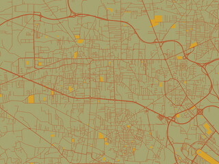 Obraz premium Contemporary flat map of Giugliano in Campania, Italy design with sage/olive tone field with rust networks and ochre shapes, cream water.