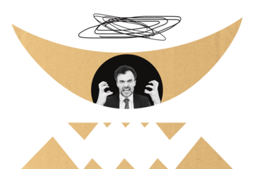 Creative photo collage aggressive mature businessman outraged furious expression anger psycho drawing doodles problems corporate worker