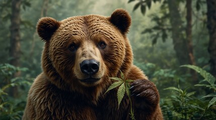 Obraz premium Nature poster of spectacled bear eating cannabis leaves illustration