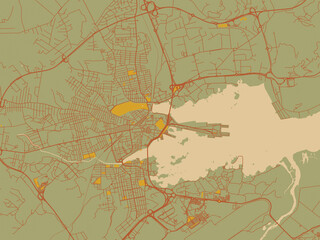 Poster-ready flat map of Olbia, Italy, earthy sage background with rust roadways and ochre details.