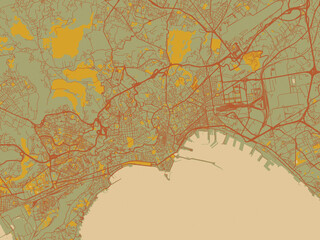 Fototapeta premium Modern flat map poster of Napoli, Italy in muted sage base, rust-colored roads, and soft ochre highlights.