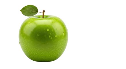 Fresh green apple with water droplets and leaf isolated PNG with Transparent Background