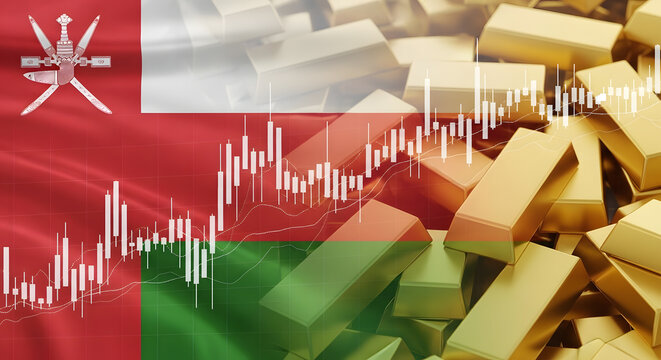 Oman Flag Overlapping Gold Bars and Stock Market Chart Illustrates Financial Trends