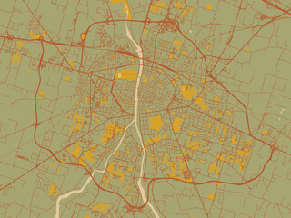 Flat painterly map of Parma, Italy in muted sage base, rust-colored roads, and soft ochre highlights.