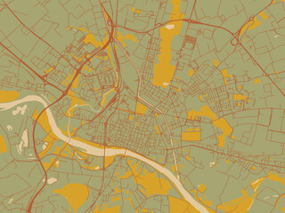 Decorative flat city map of Pavia, Italy using muted sage base, rust-colored roads, and soft ochre highlights.
