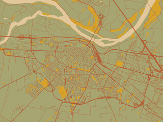 Vector-style flat map of Piacenza, Italy with muted sage base, rust-colored roads, and soft ochre highlights.