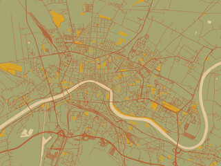 Flat painterly map of Pisa, Italy in muted sage base, rust-colored roads, and soft ochre highlights.