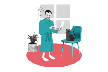 Composite photo collage of happy businessman freelancer hold laptop remote home work kitty pet chair distance isolated on painted background