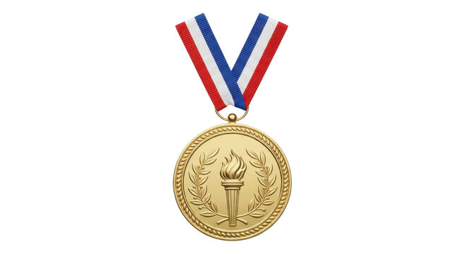 Gold medal with torch and ribbon isolated PNG with Transparent Background