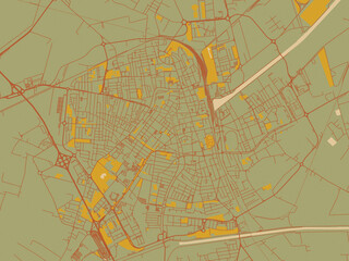 Stylized minimalist map of Ravenna, Italy in sage green ground with rust-red roads and ochre accents.