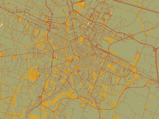 Naklejka premium Poster-ready flat map of Reggio, Italy, sage/olive tone field with rust networks and ochre shapes, cream water.