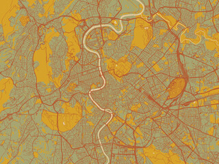 Abstract flat-design map of Roma, Italy, featuring muted sage base, rust-colored roads, and soft ochre highlights.
