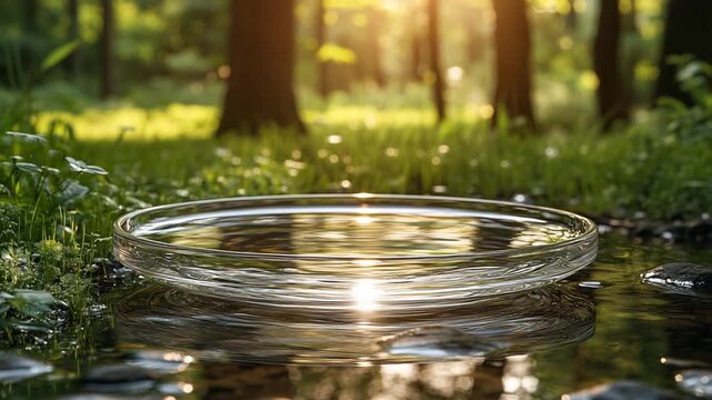 Clear Glass Plate Reflecting Sunlight in a Lush Green Forest.