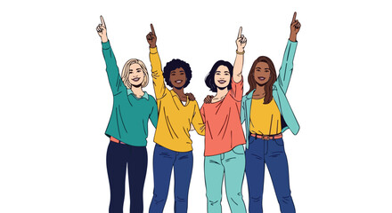 Fototapeta premium Empowered Women Diverse Group Pointing Upward Together, Celebrating Achievement