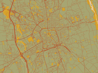 Flat painterly map of Udine, Italy in sage/olive tone field with rust networks and ochre shapes, cream water.