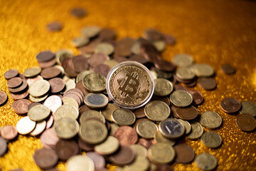 Bitcoin virtual money and fiat money coins Euro. Decentralised Cryptocurrency logo of BTC coin. 