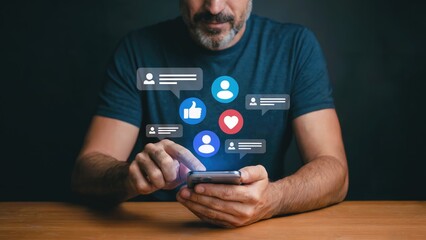 Man using smartphone, engaging with social media icons like thumbs up, heart, and chat bubbles
