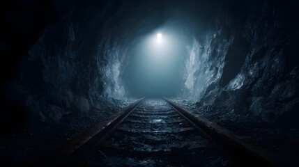 Naklejka premium Dark mine tunnel with railway tracks leading towards a distant bright light