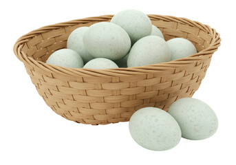 Isolated light green speckled eggs in a woven basket for Easter or spring decoration