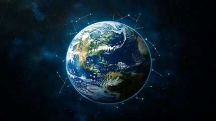 Digital World Globe with Connected Dots Representing Global Network and Communication — Planet Earth on Dark Background with Copy Space, Technology and Internet Concept
