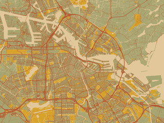 Minimalist flat city map of Amsterdam, Netherlands with muted sage base, rust-colored roads, and soft ochre highlights.