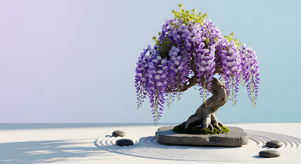 Bonsai Wisteria Tree with Purple Flowers in a Zen Garden.