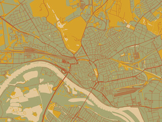 Decorative flat city map of Arnhem, Netherlands using sage/olive tone field with rust networks and ochre shapes, cream water.
