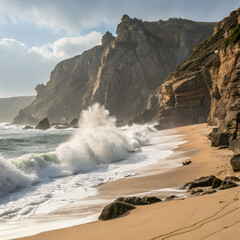 A dramatic seaside view where the beach meets rocky cliffs