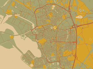 Flat painterly map of Bergen op Zoom, Netherlands in sage/olive tone field with rust networks and ochre shapes, cream water.
