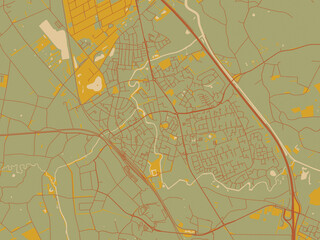 Modern flat map poster of Boxtel, Netherlands in sage green ground with rust-red roads and ochre accents.