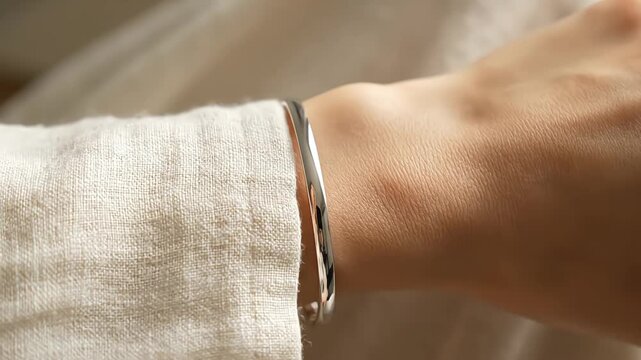 A close-up shot of a person's wrist adorned with a polished silver bangle bracelet.