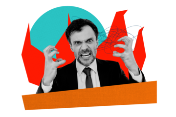 Composite photo collage of angry exhausted businessman grimace fire flame workload pressure deadline isolated on painted background