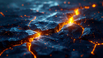 Abstract representation of glowing orange magma seeping through dark, cracked earth, symbolizing immense geothermal energy and volcanic activity