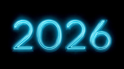 the word 2026 in glowing blue neon numbers, against a plain background. the letters have an elegant glow and subtle shadows that give depth to the design