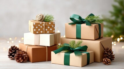 A collection of beautifully wrapped gift boxes in various sizes and colors, adorned with ribbons and pinecones, set against a soft, blurred background.